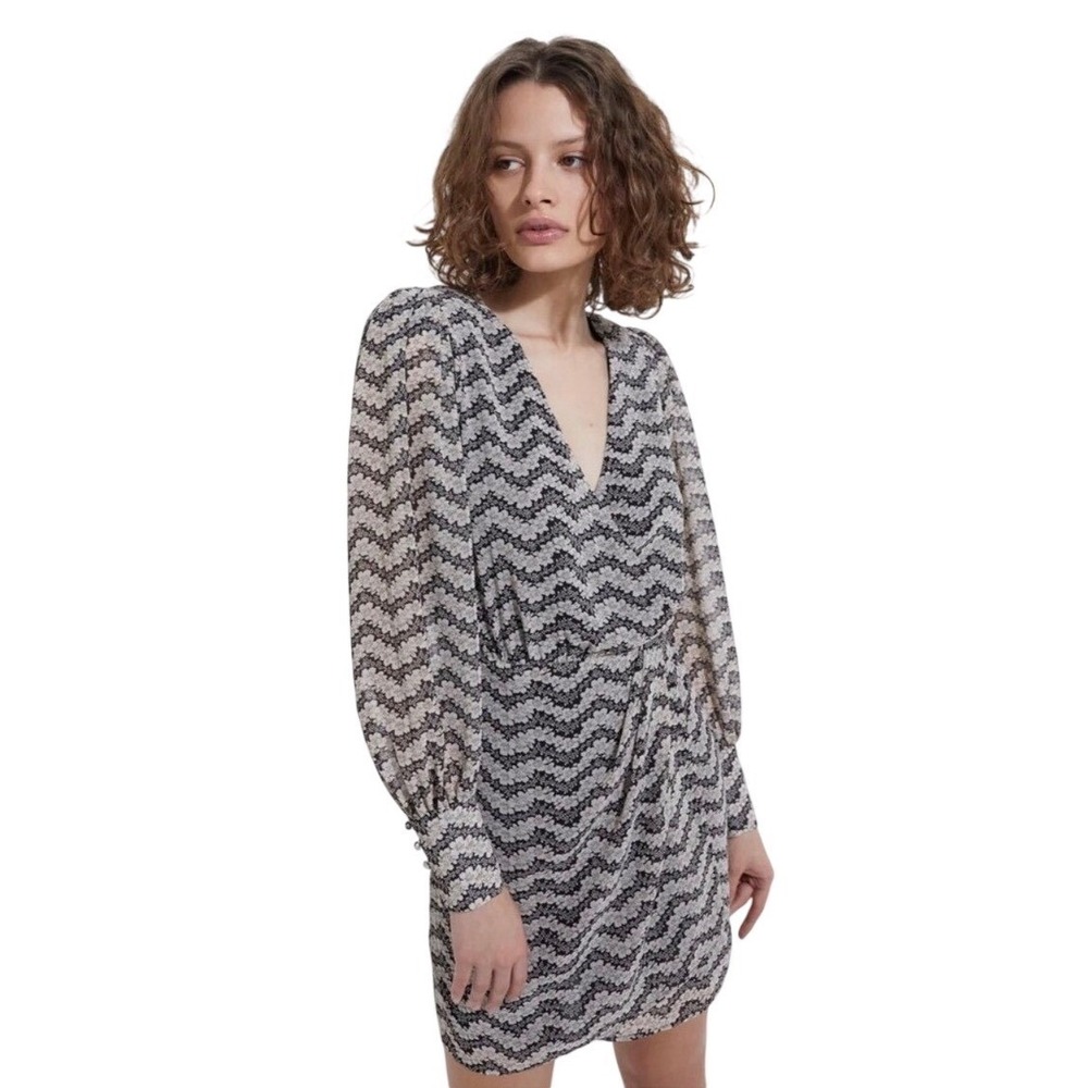The Kooples Jasmine Print Mini Wrap Dress Black White Floral Size 8